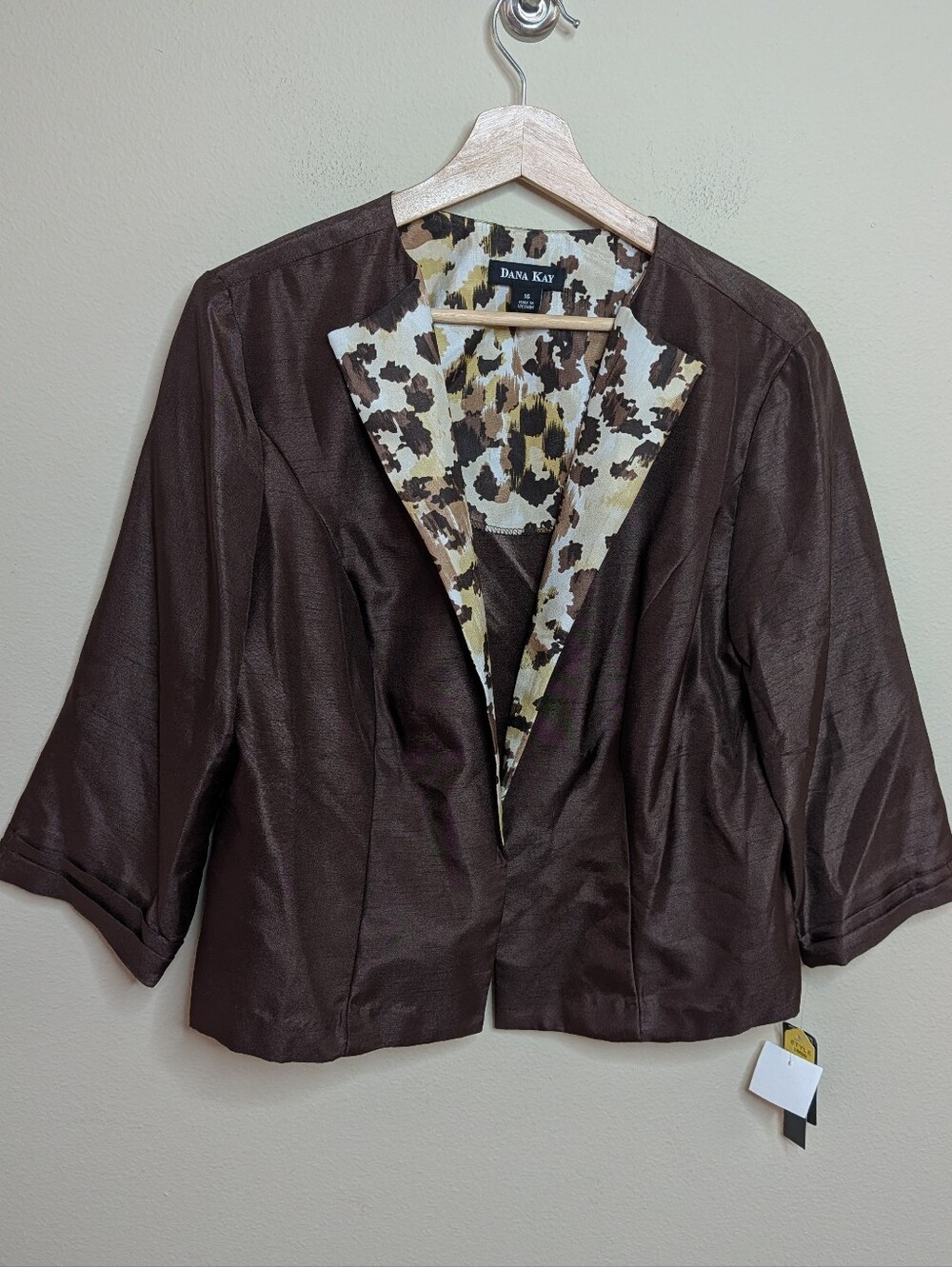 NWT Dana Kay Brown Shantung Jacket Animal Print Lapel Size 16